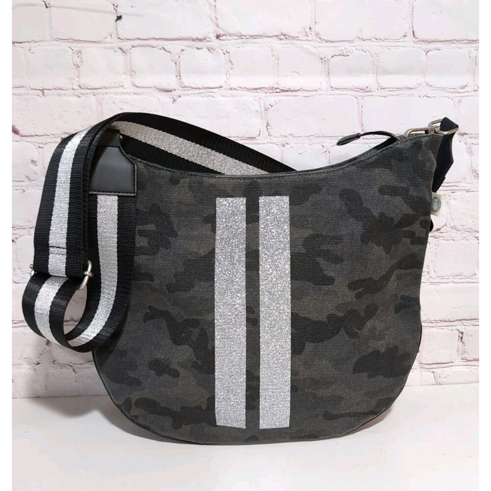 Koala Kanvas Mini City Bag Black Gray Camo Print Silver Metallic Stripe Strap